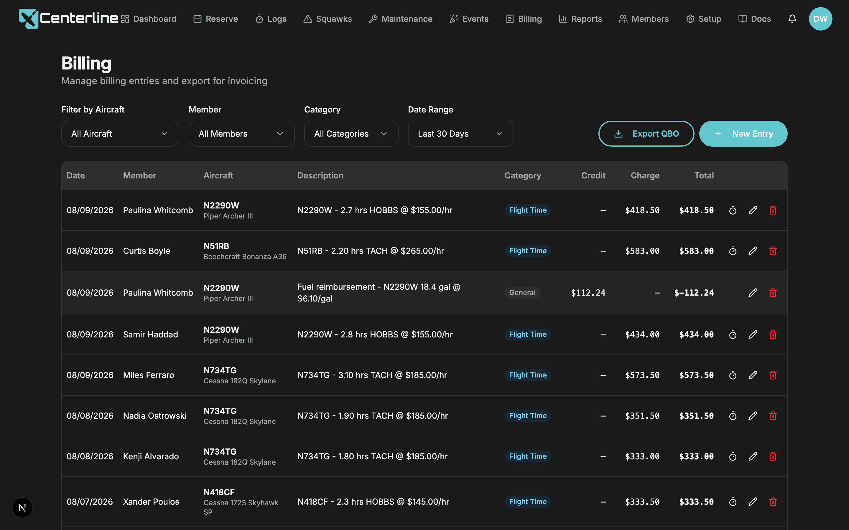 The Centerline billing ledger, showing debit and credit entries filtered by category with a totals row and a QuickBooks Online export button