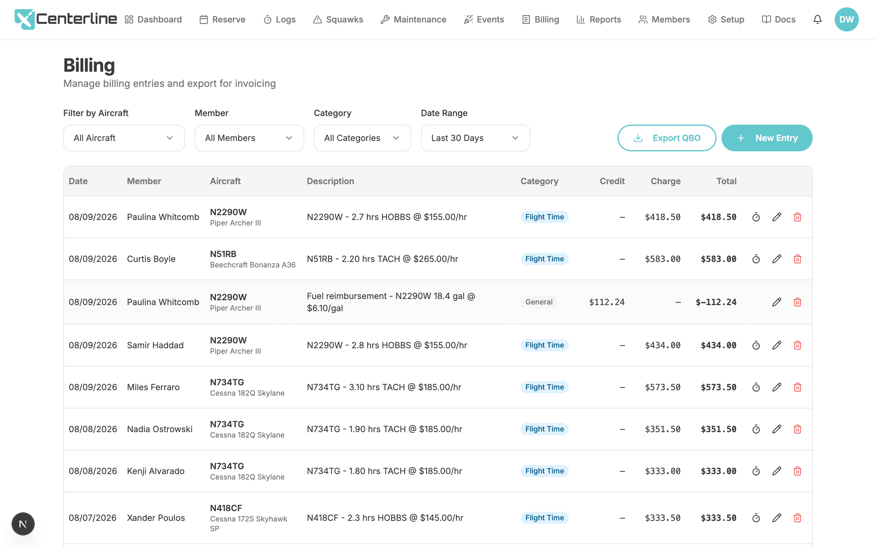 The Centerline billing ledger, showing debit and credit entries filtered by category with a totals row and a QuickBooks Online export button