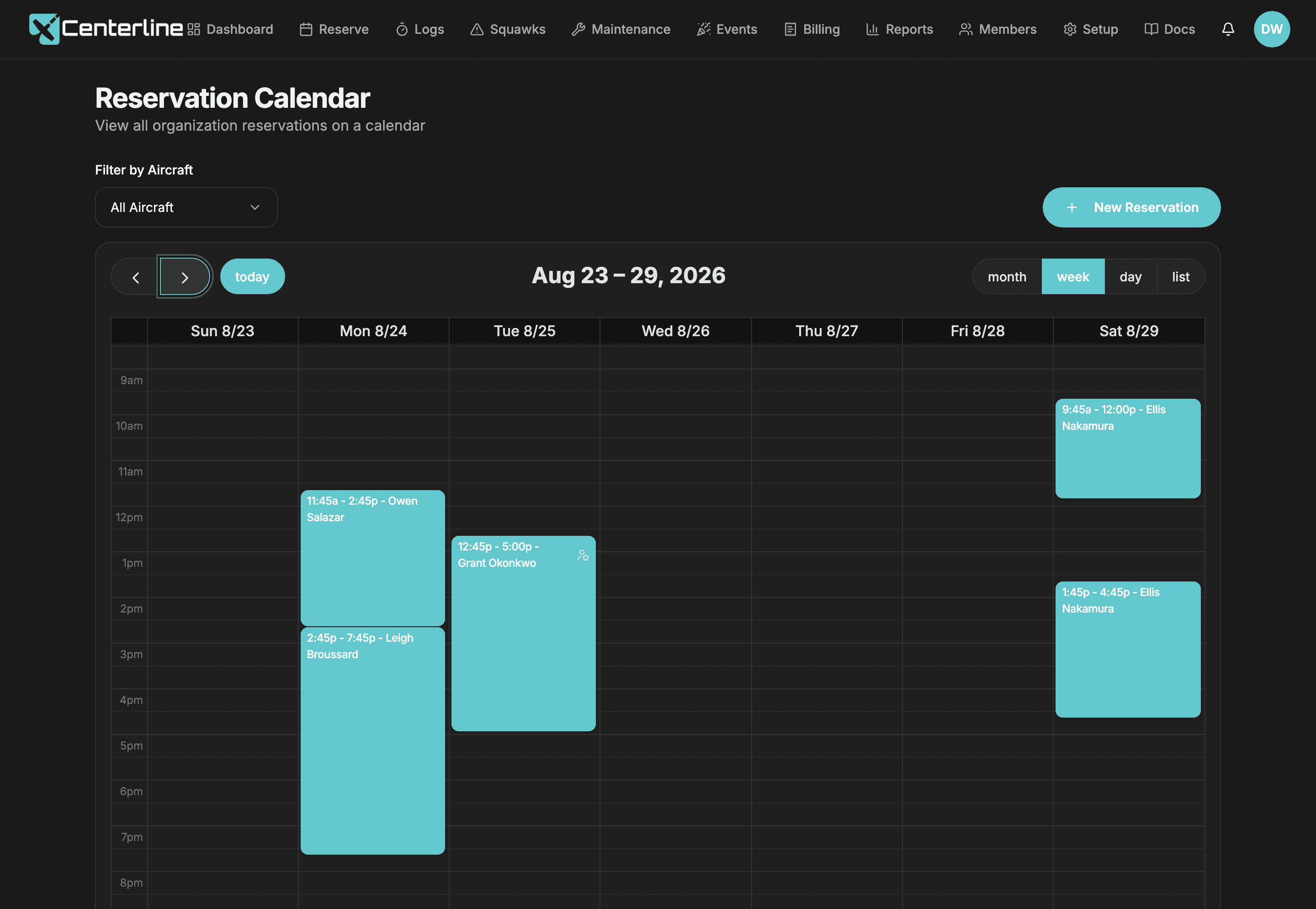 The Centerline week view calendar showing color-coded reservations across a fleet, with active reservations in cyan, backups in orange, and maintenance in red