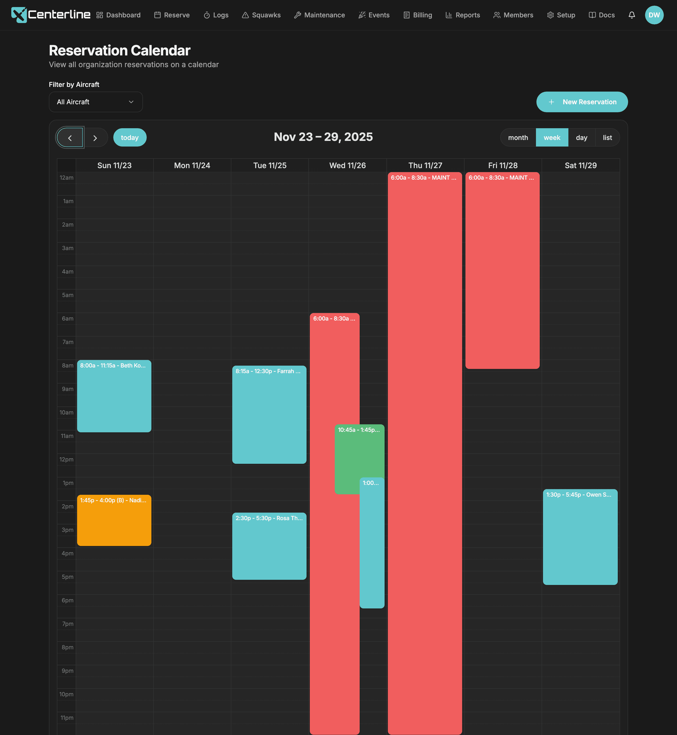 The Centerline week view calendar showing color-coded reservations across a fleet, with active reservations in cyan, backups in orange, and maintenance in red