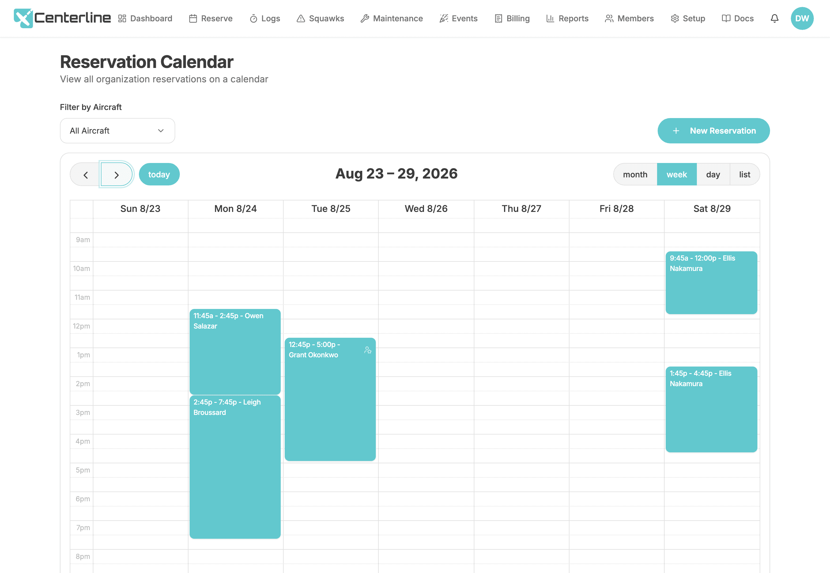The Centerline week view calendar showing color-coded reservations across a fleet, with active reservations in cyan, backups in orange, and maintenance in red