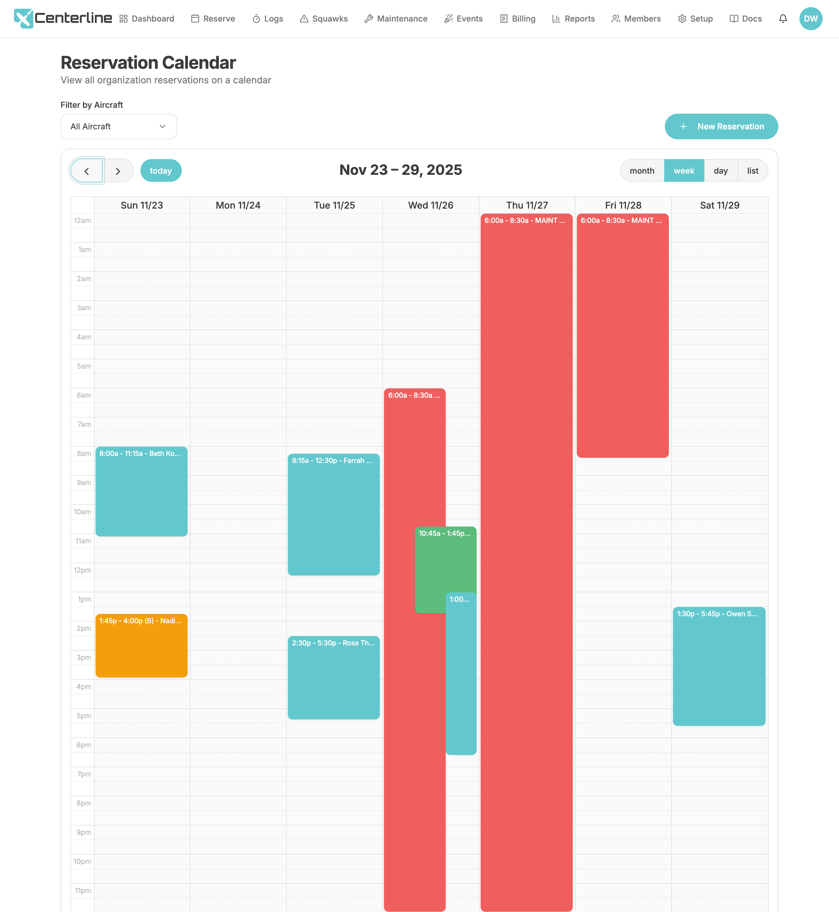 The Centerline week view calendar showing color-coded reservations across a fleet, with active reservations in cyan, backups in orange, and maintenance in red