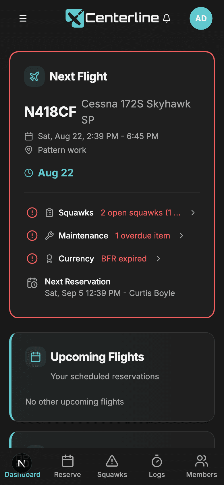 The Centerline dashboard on a phone, showing role-aware cards and a thumb-reachable bottom navigation bar