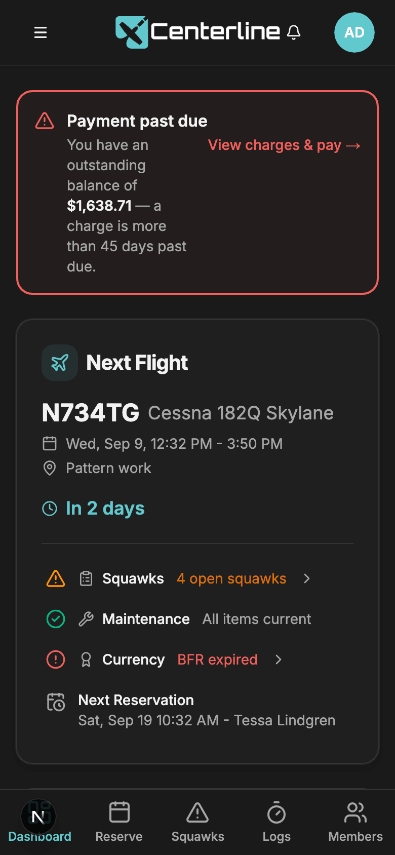 The Centerline dashboard on a phone, showing role-aware cards and a thumb-reachable bottom navigation bar
