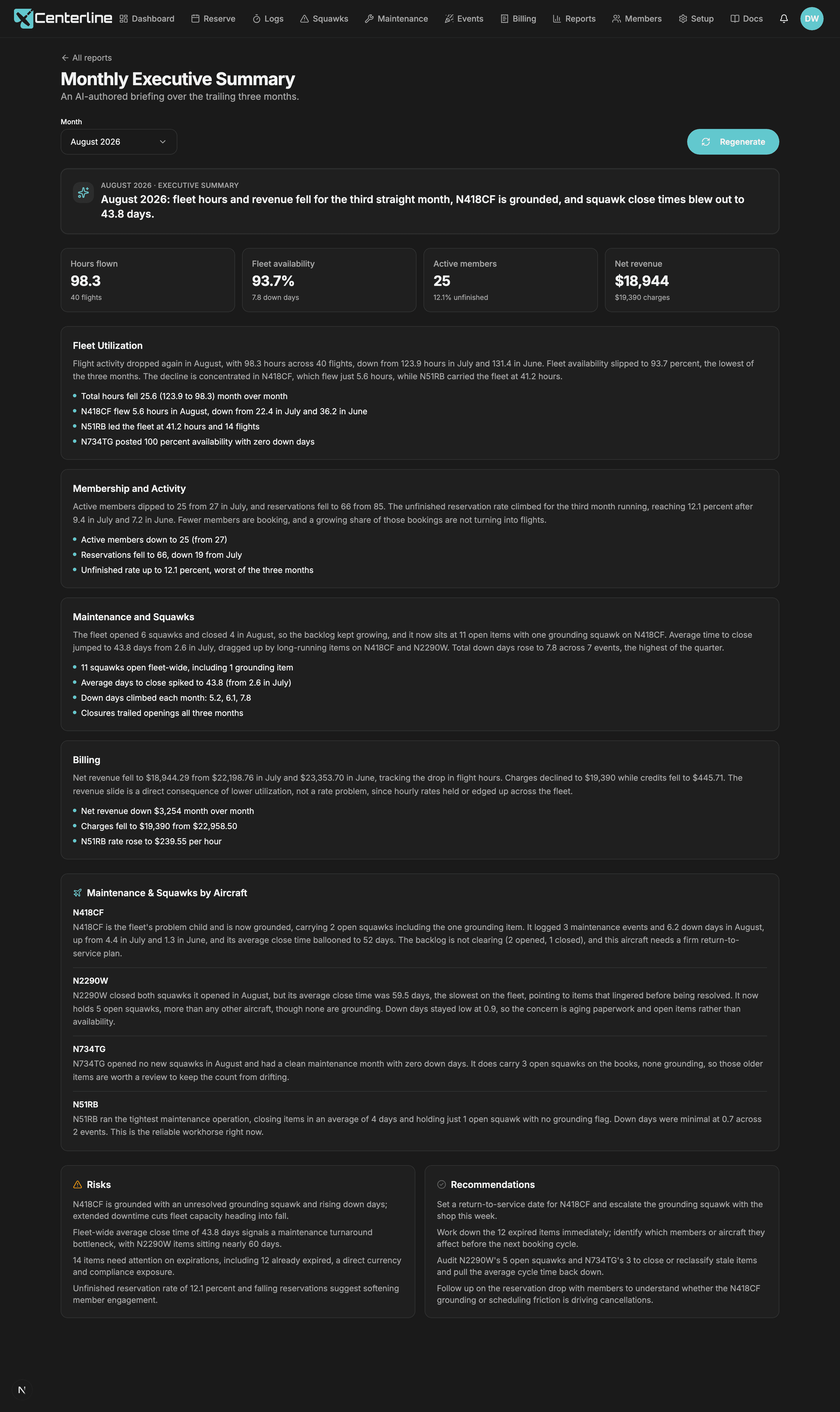 A generated Monthly Executive Summary for a flying club, showing headline, operations, membership, maintenance, and financial sections