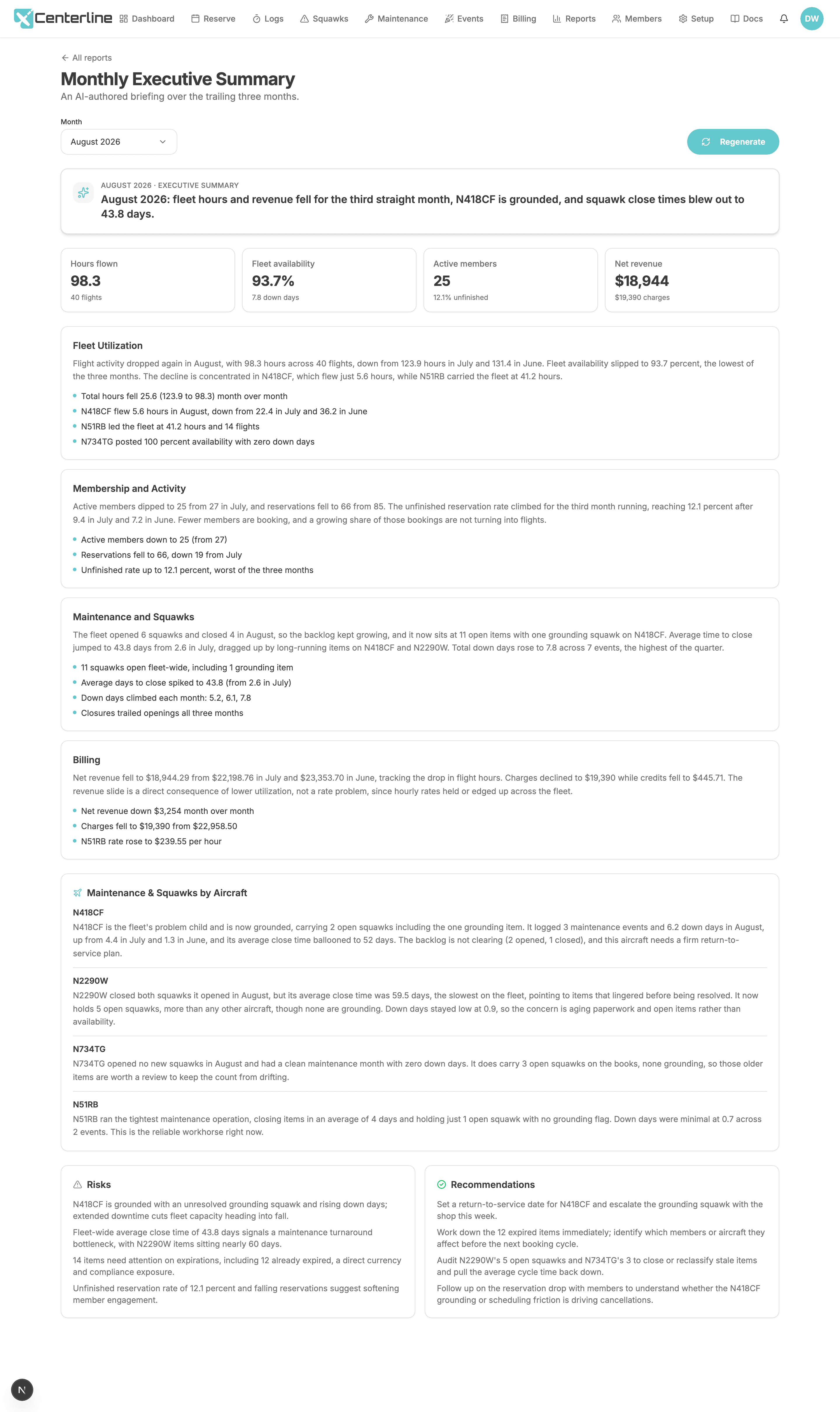 A generated Monthly Executive Summary for a flying club, showing headline, operations, membership, maintenance, and financial sections