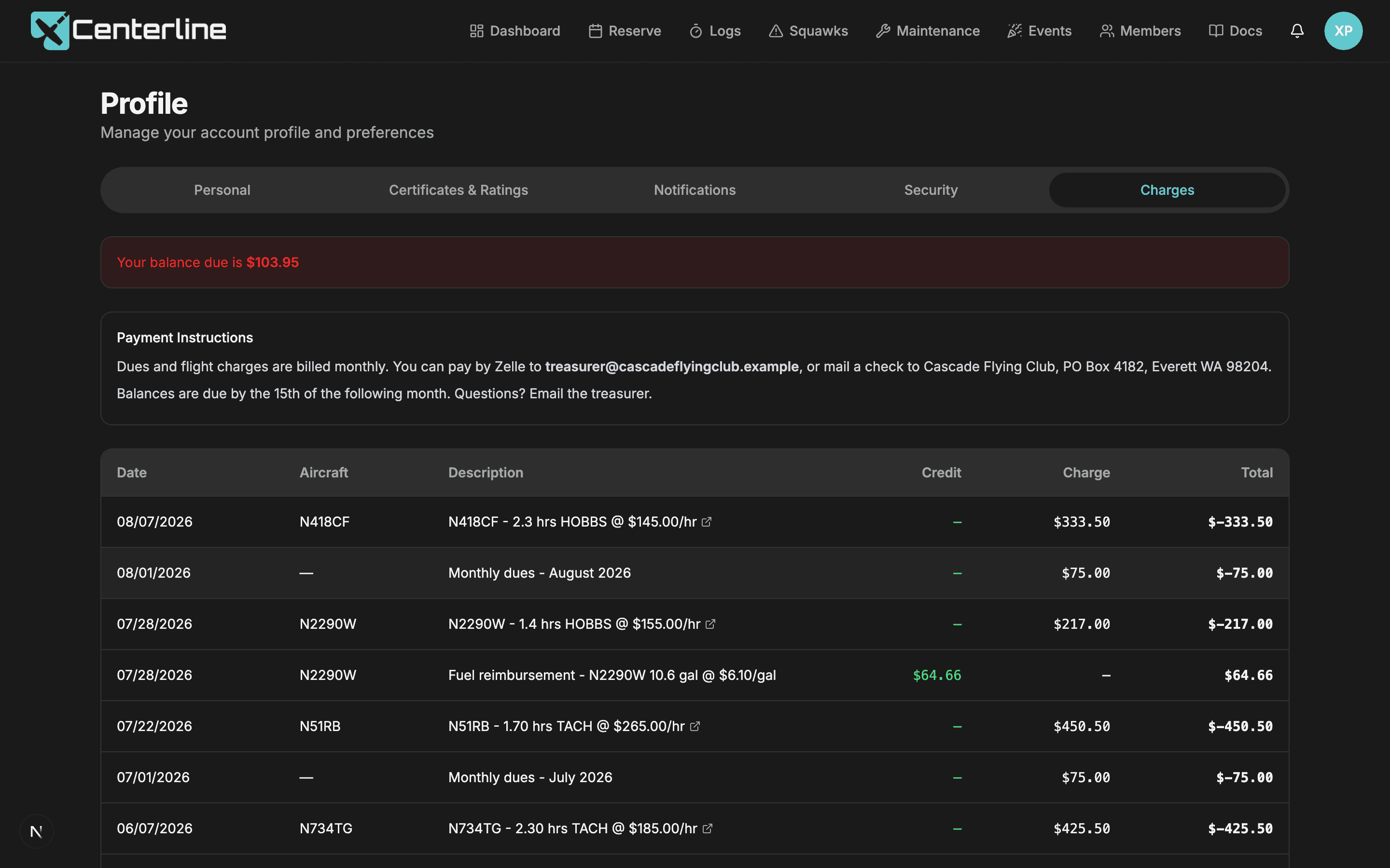 A member's Charges tab showing their billing history, payment instructions, and a Pay Now button