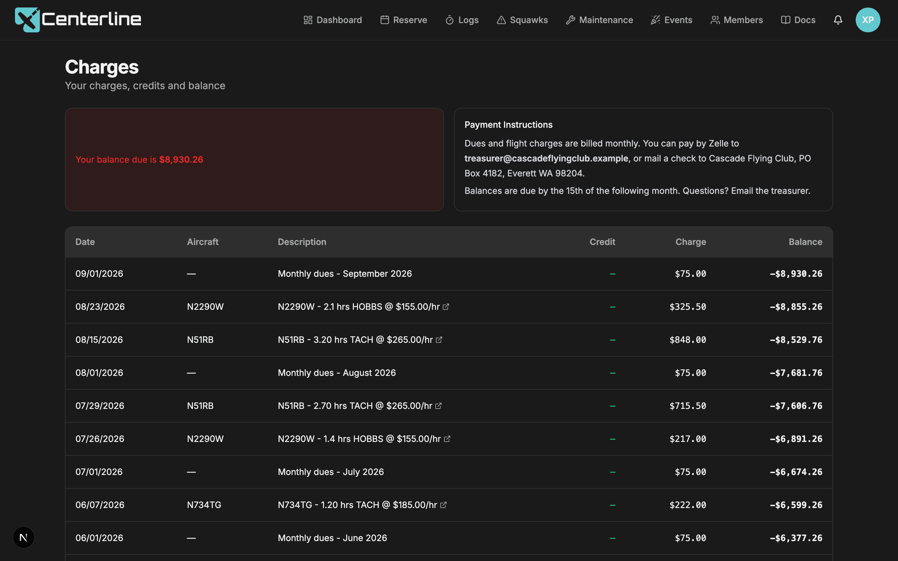 A member's Charges screen showing their own paginated billing entries and a Pay Now button