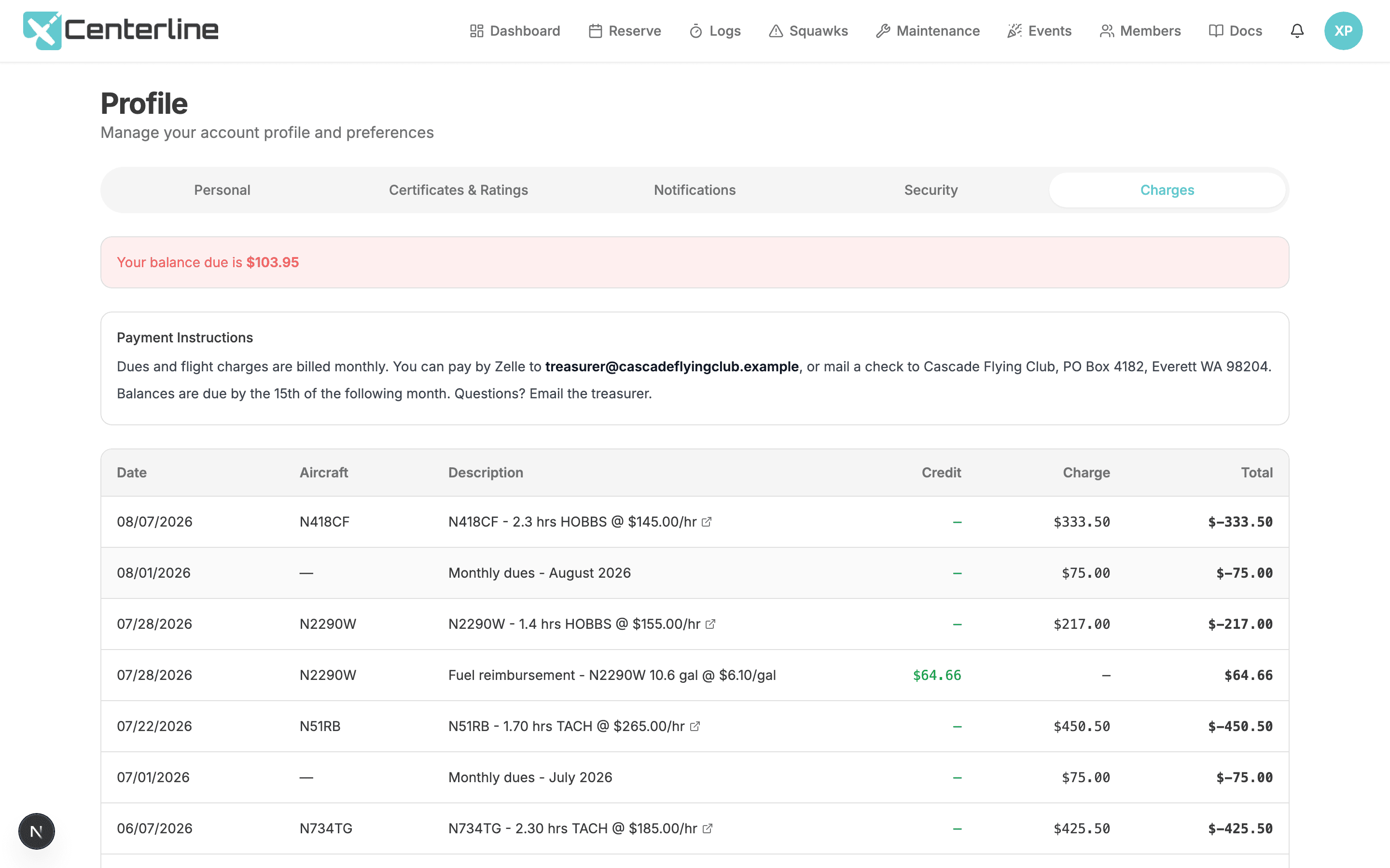 A member's Charges tab showing their billing history, payment instructions, and a Pay Now button