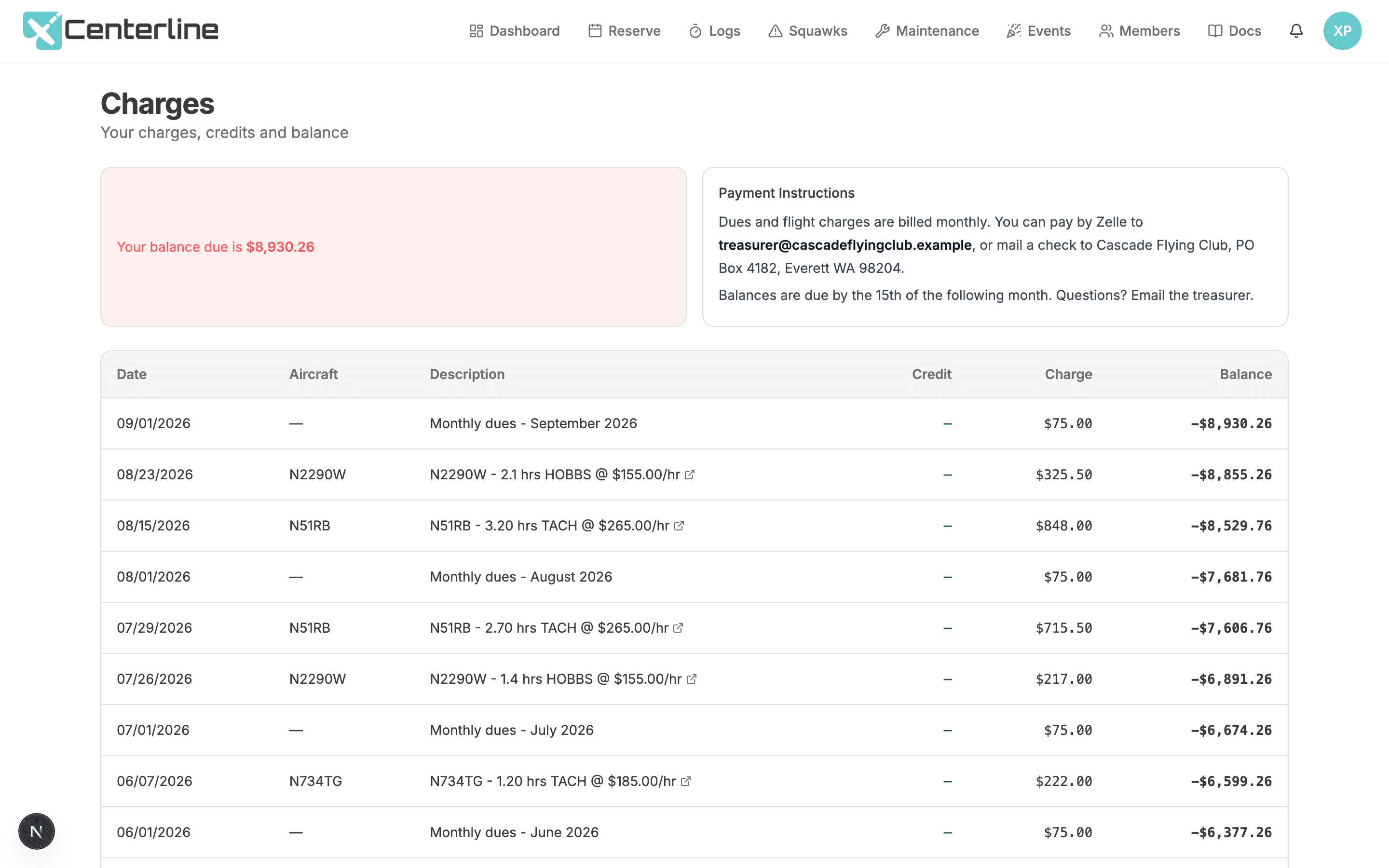 A member's Charges screen showing their own paginated billing entries and a Pay Now button