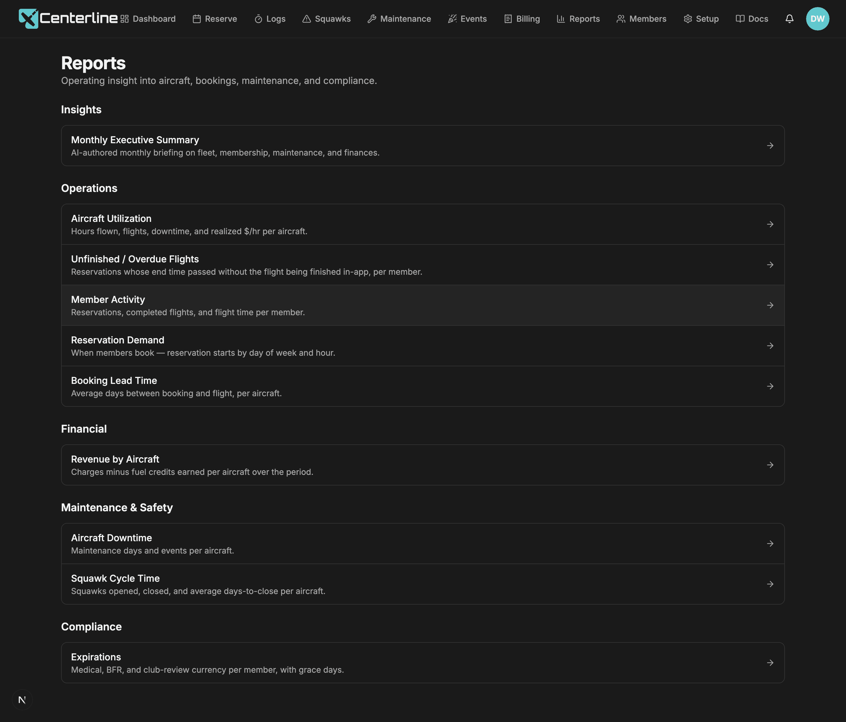 The Centerline reports index, listing every report grouped into Operations, Maintenance & Safety, Compliance, and Financial