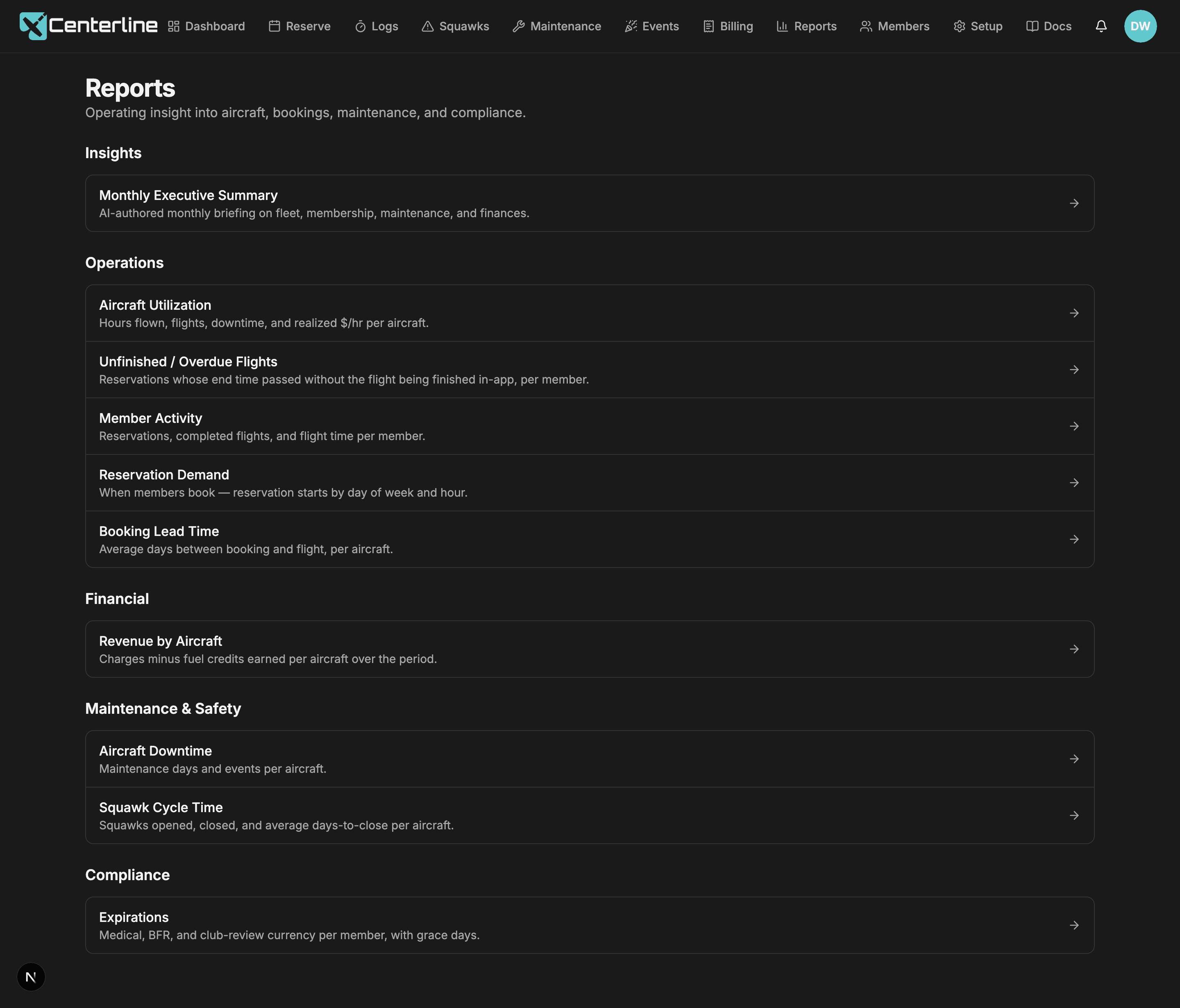 The Centerline reports index, listing every report grouped into Operations, Maintenance & Safety, Compliance, and Financial