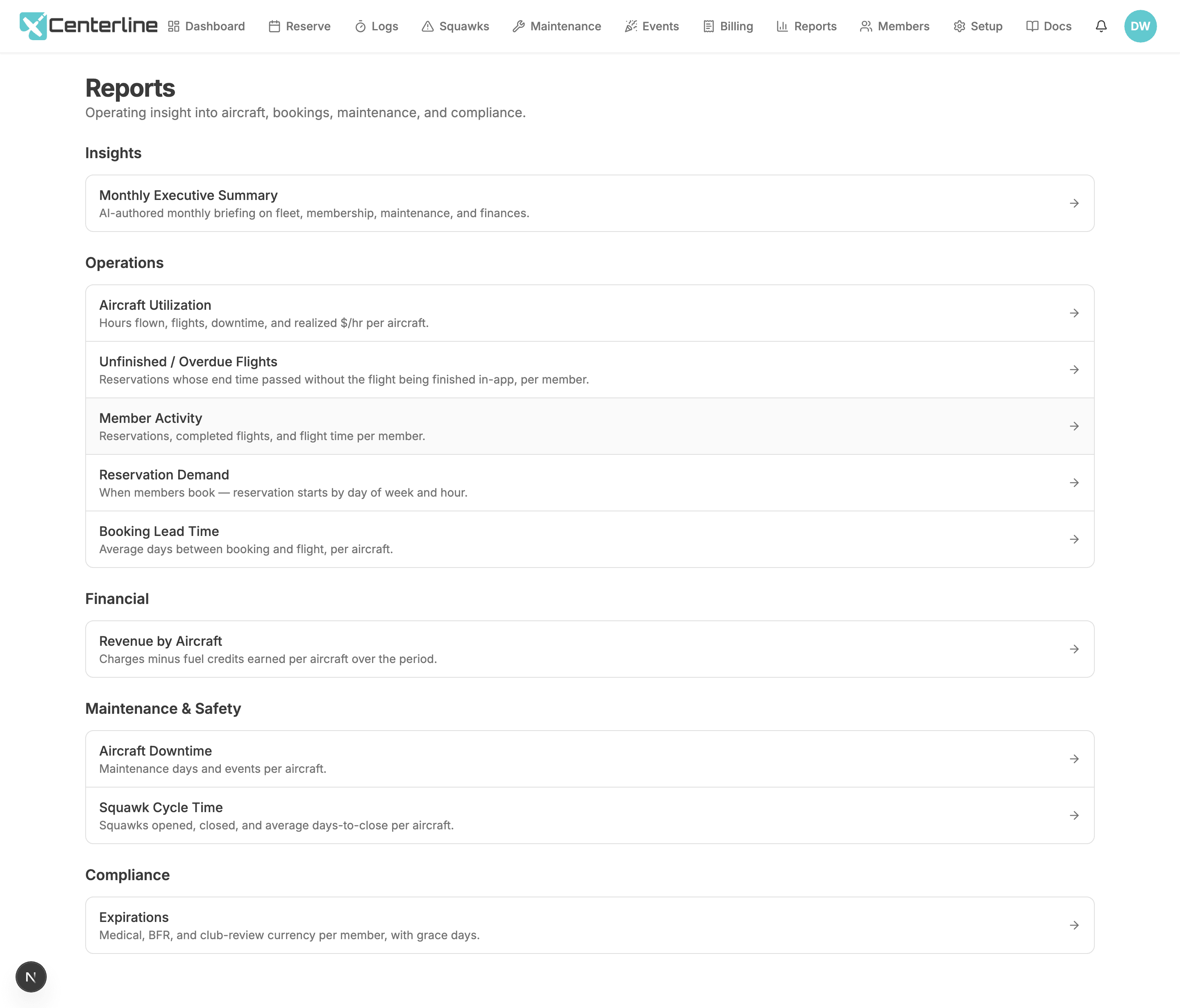 The Centerline reports index, listing every report grouped into Operations, Maintenance & Safety, Compliance, and Financial