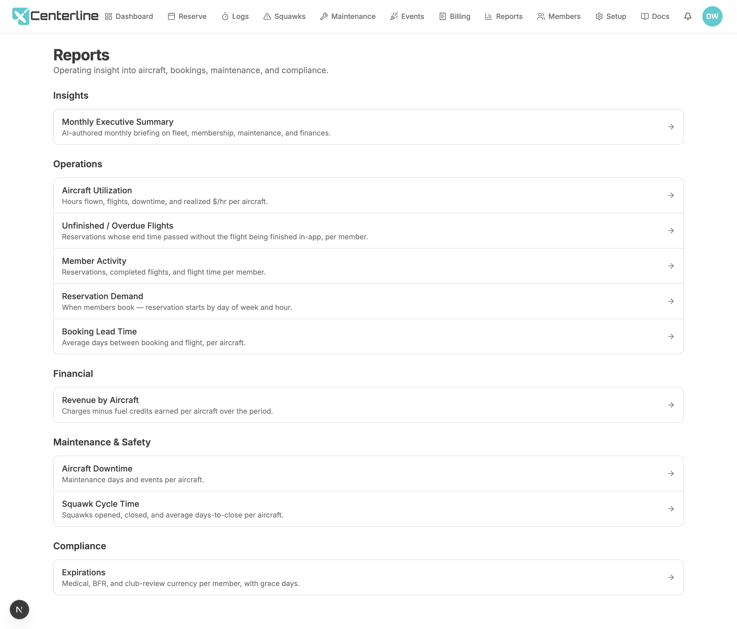 The Centerline reports index, listing every report grouped into Operations, Maintenance & Safety, Compliance, and Financial