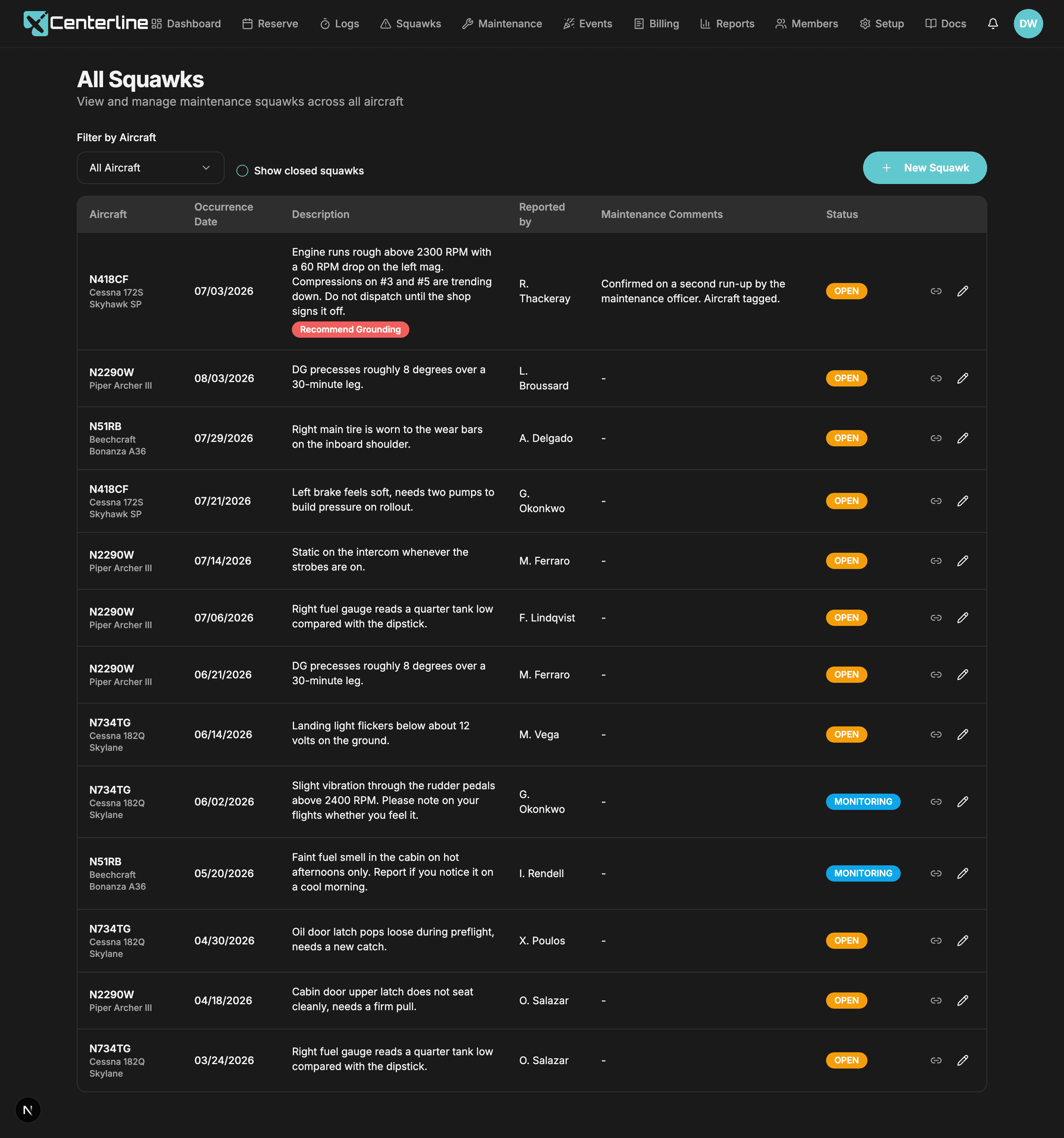 The Centerline squawks list showing open discrepancies with photo attachments and grounding warnings