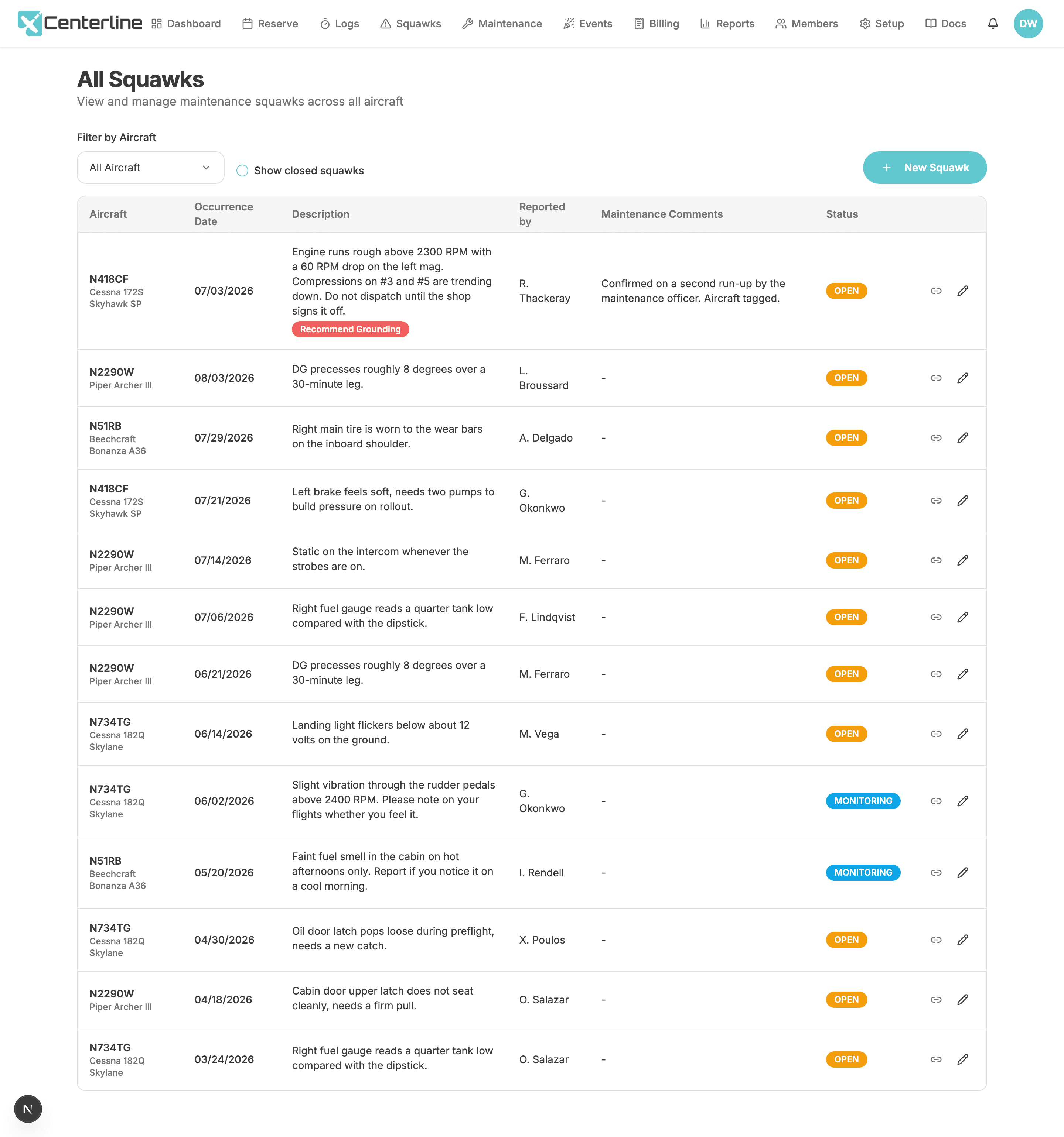 The Centerline squawks list showing open discrepancies with photo attachments and grounding warnings