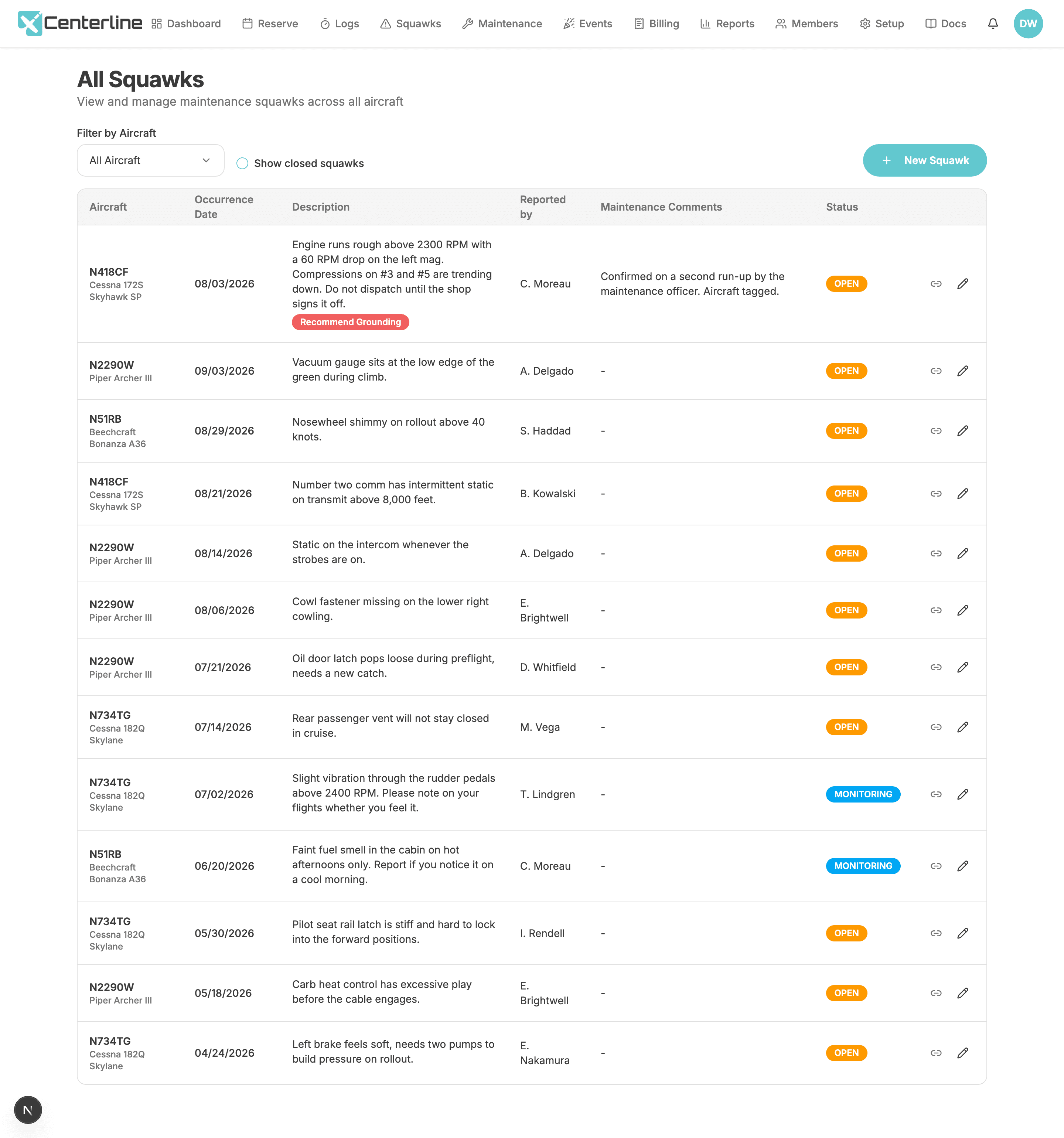 The Centerline squawks list showing open discrepancies with photo attachments and grounding warnings