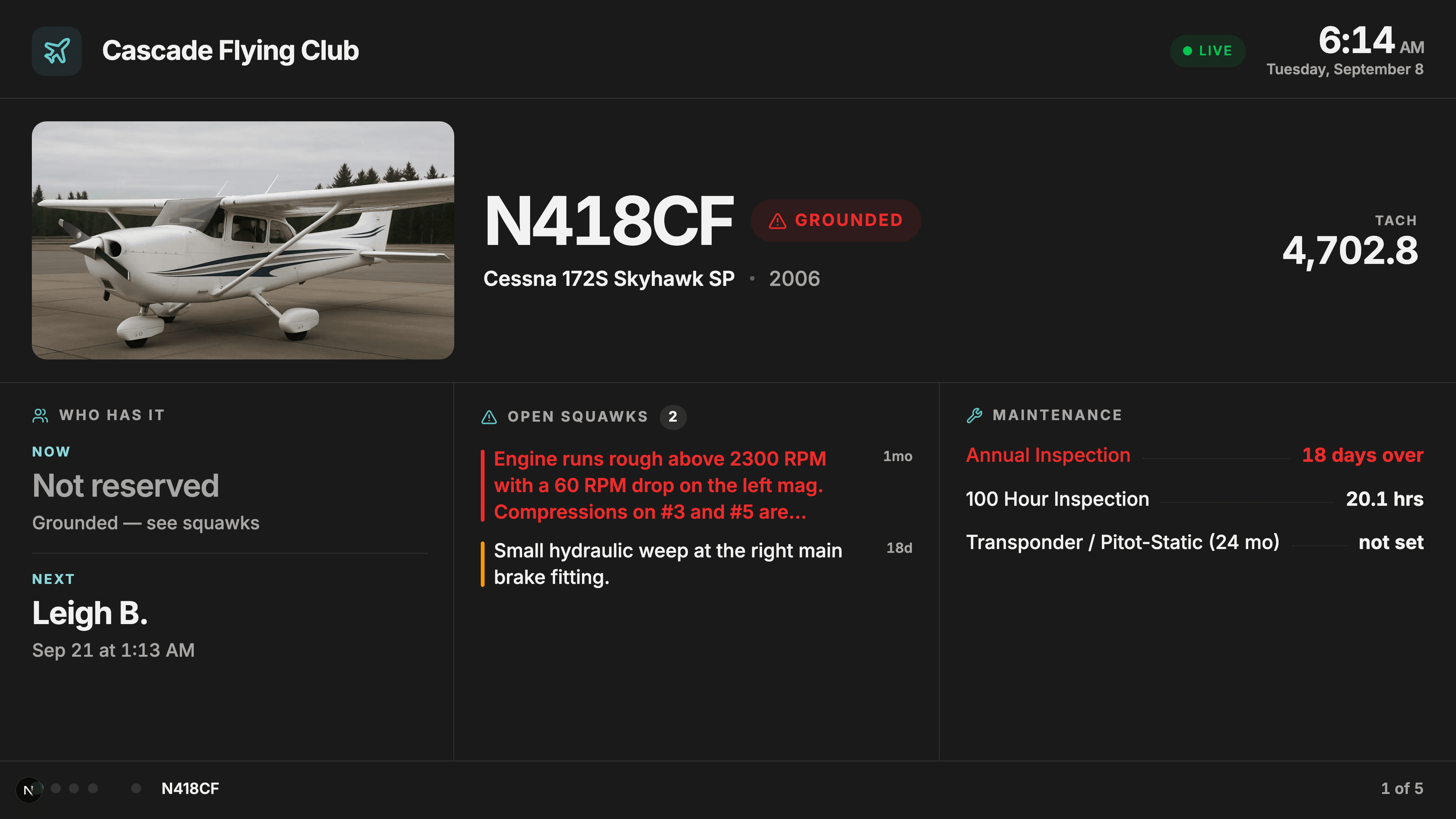 The Centerline TV dashboard showing an aircraft's photo, live status, current and next reservations, open squawks, and maintenance intervals