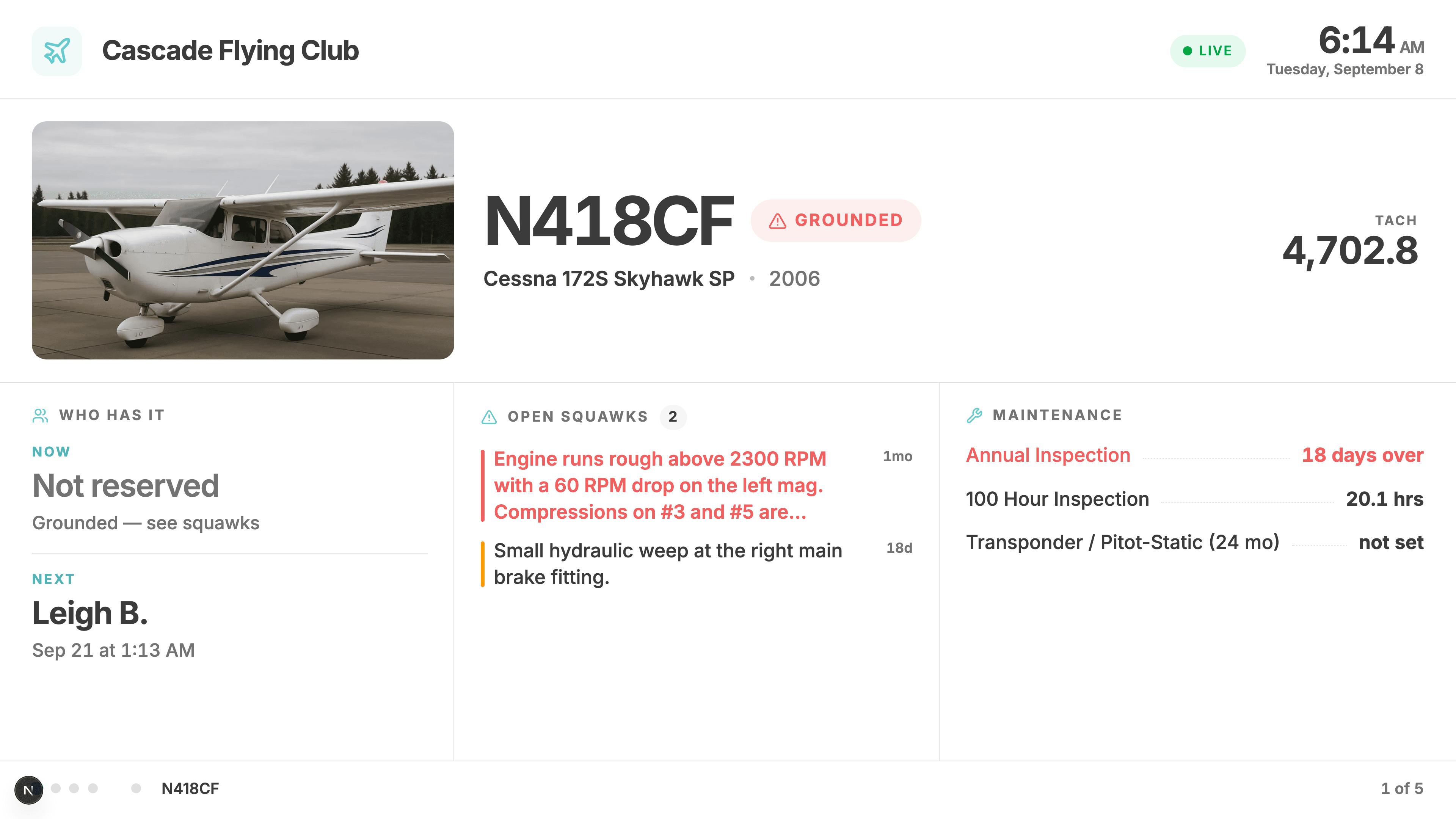 The Centerline TV dashboard showing an aircraft's photo, live status, current and next reservations, open squawks, and maintenance intervals